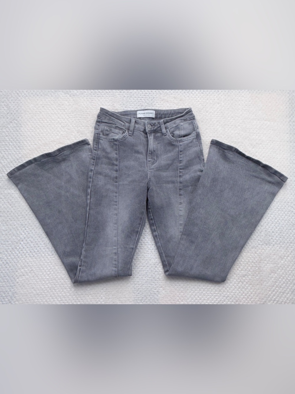 Flying Monkey Gray High-Rise Super Flare Jeans with Front Stitching